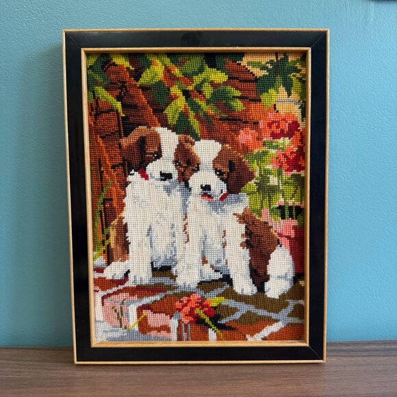 Vintage Framed Needlepoint St. Bernard Puppies Cross-Stitch Art In Wooden Frame - Picture 10 of 10
